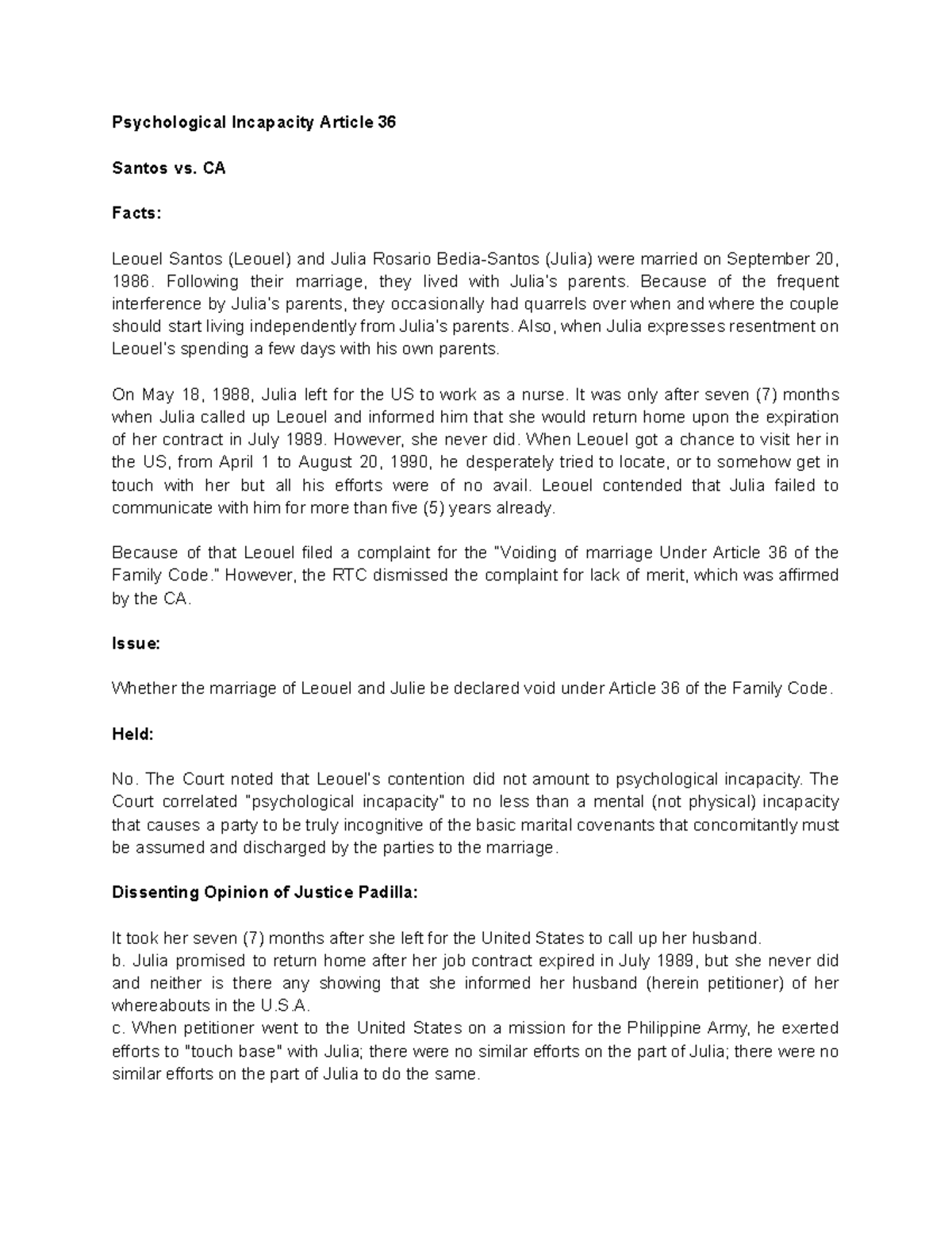 Santos v. CA: Case Digest on Psychological Incapacity (Art. 36) - Studocu