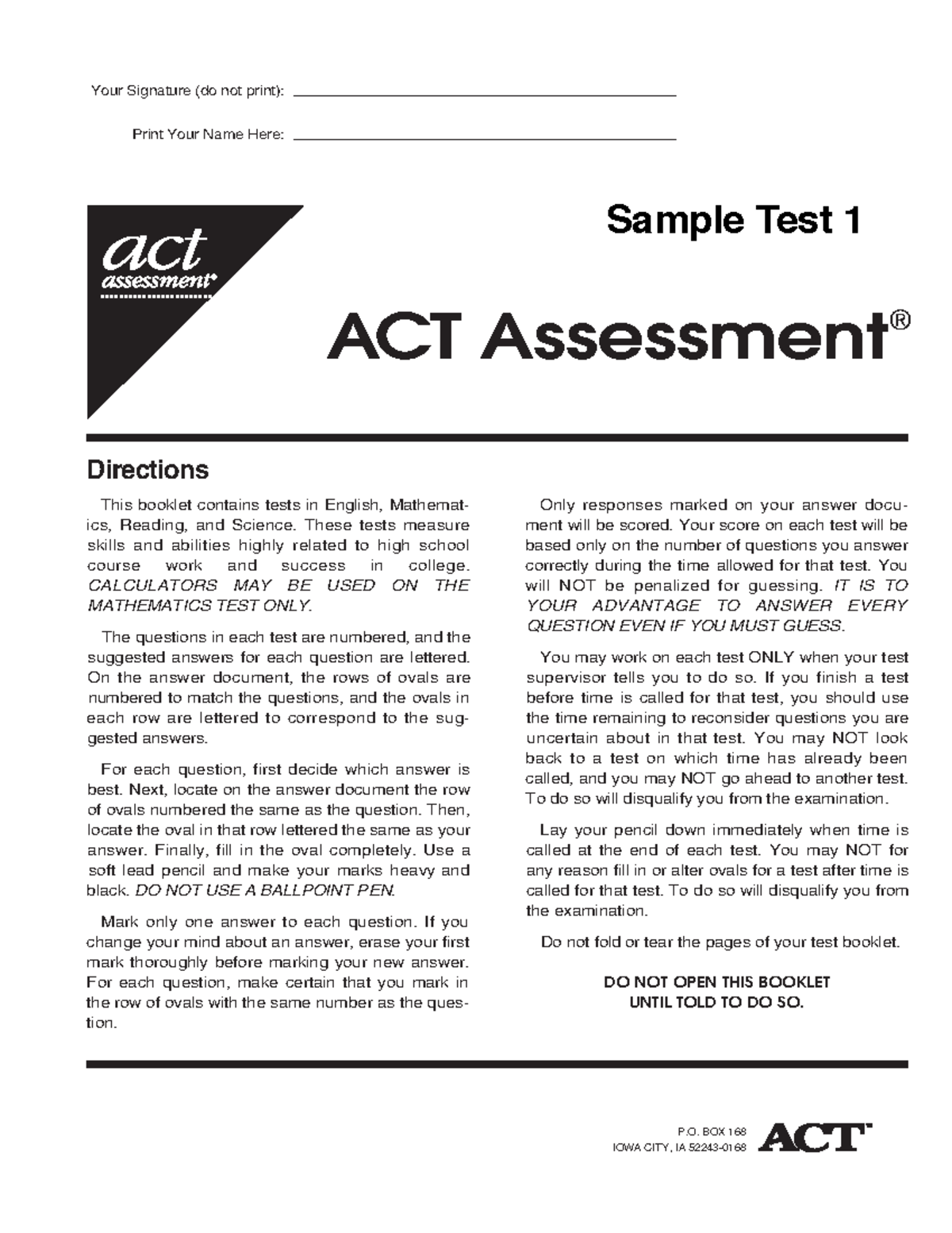 Sample Test 1 - ACT Prep Guide for English, Math, Reading, Science ...