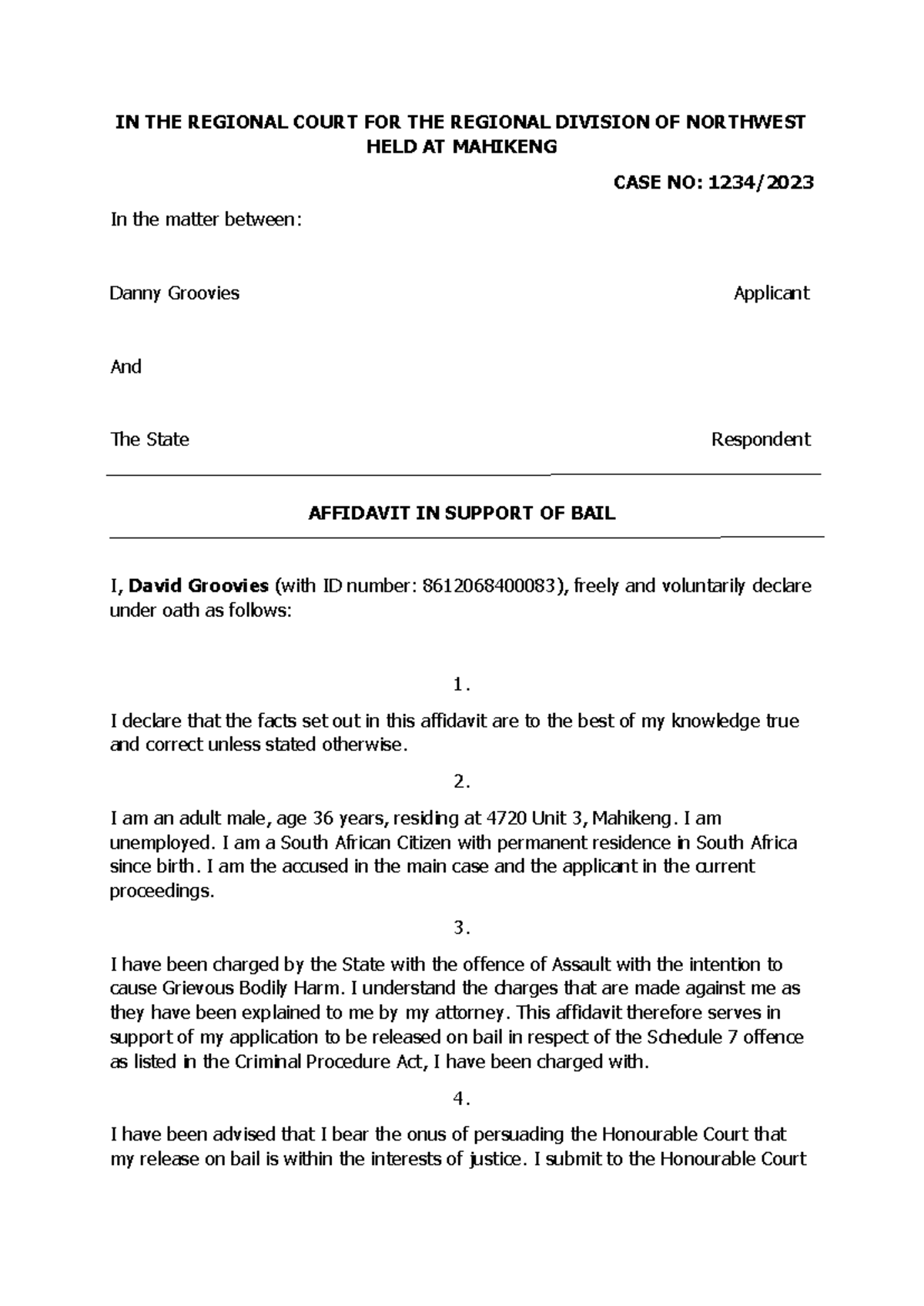 Affidavit for Bail Application - Case No: 1234/ in Mahikeng - Studocu