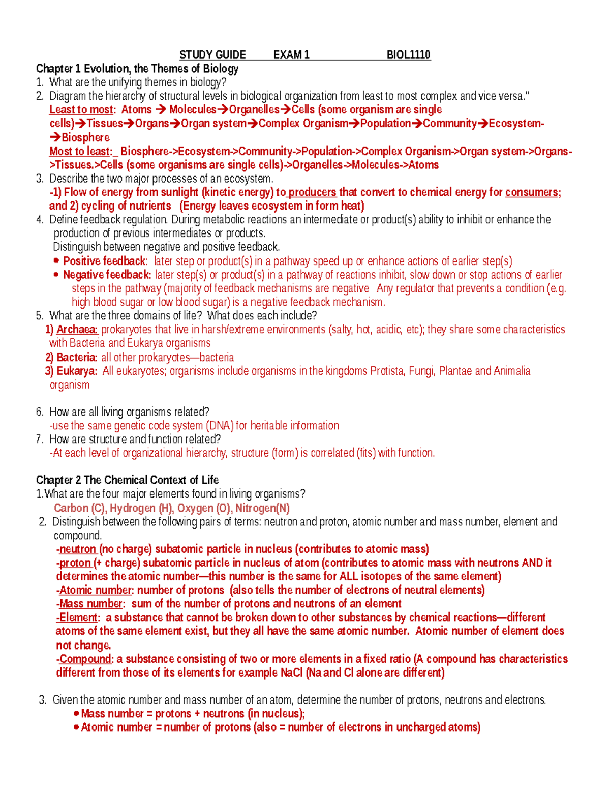 BIOL1110 Study Guide for Exam 1: Key Concepts in Biology - Studocu
