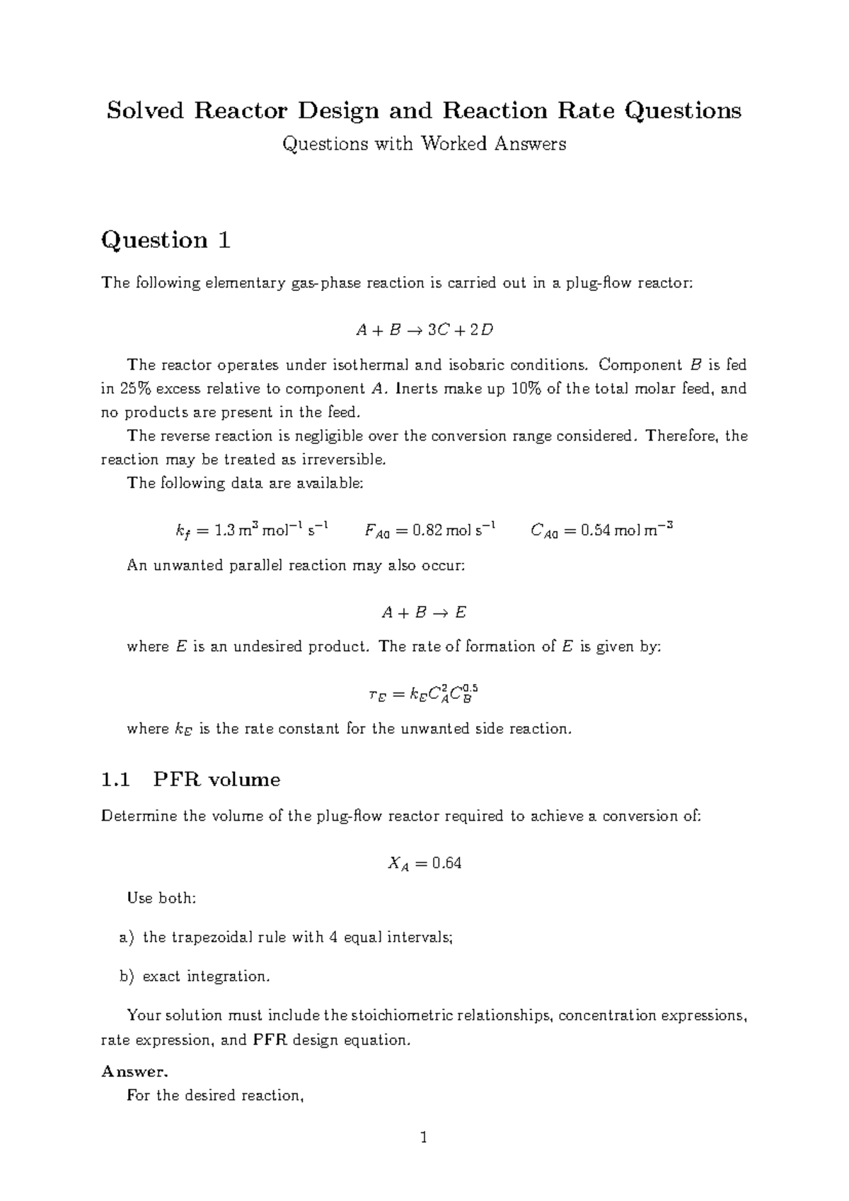 Solved Reactor Design Rate & Selectivity Problems (CHEM 301) - Studocu