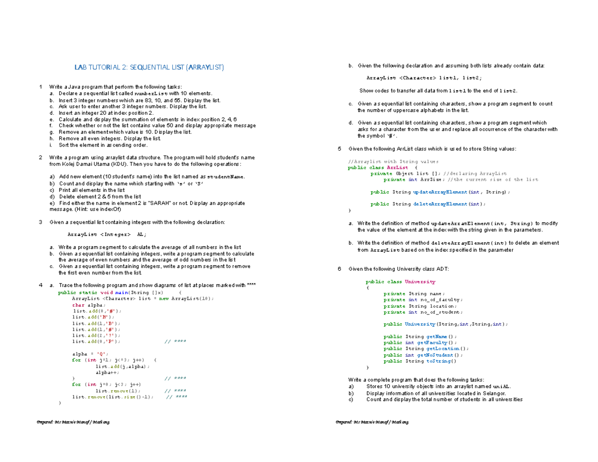 LAB TUTORIAL 2: SEQUENTIAL LIST (ARRAYLIST) for Java Programming - Studocu