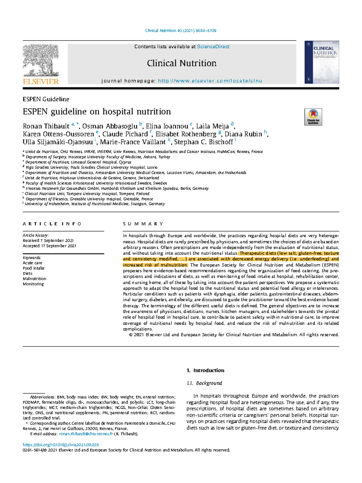 ESPEN Guideline on Hospital Nutrition: Clinical Nutrition 40 (2021 ...
