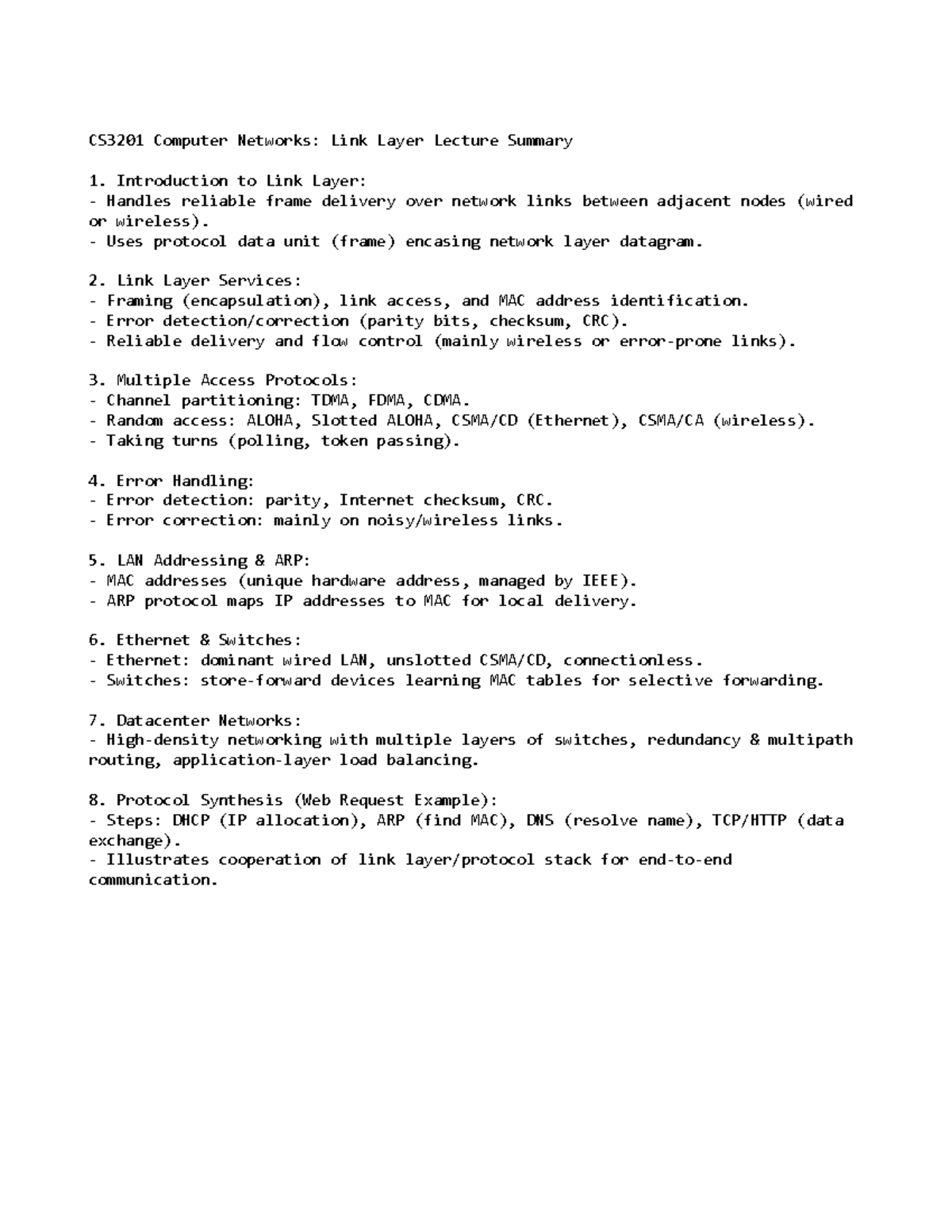CS3201 Computer Networks: Link Layer Lecture Notes Summary - Studocu