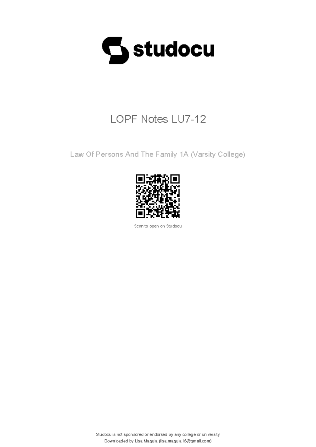 LOPF chpt 7-12 - N/A - LOPF Notes LU7- Law Of Persons And The Family 1A ...