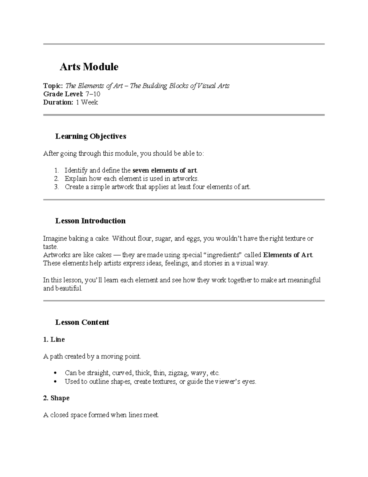 Module 1: The Elements of Art - Building Blocks of Visual Arts - Studocu