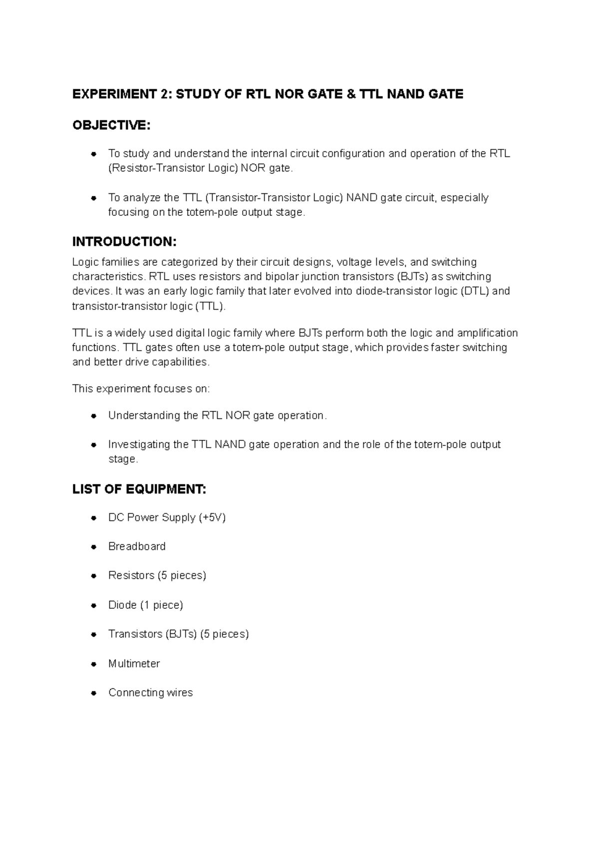 EEE 2: RTL NOR & TTL NAND Gate Experiment Report - Studocu