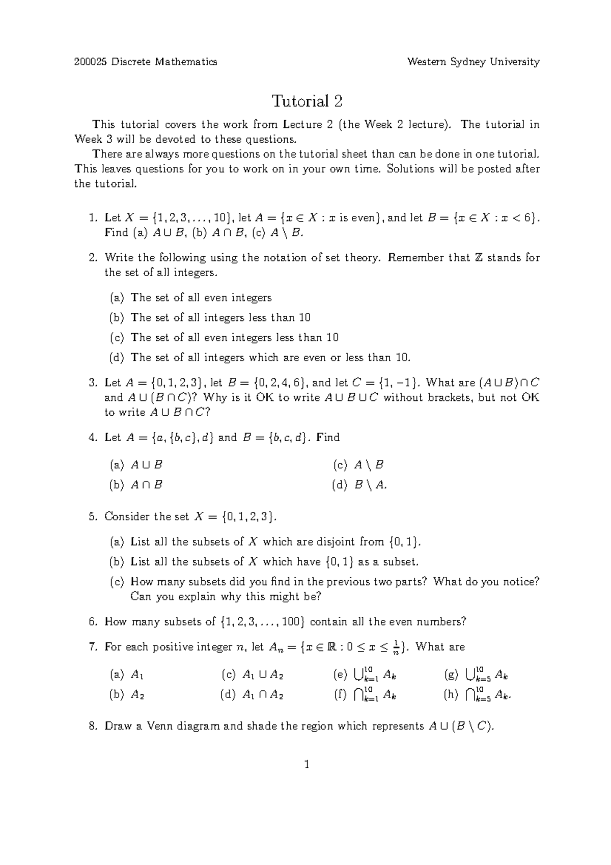 DM tutorial 2 - 200025 Discrete Mathematics Western Sydney University ...