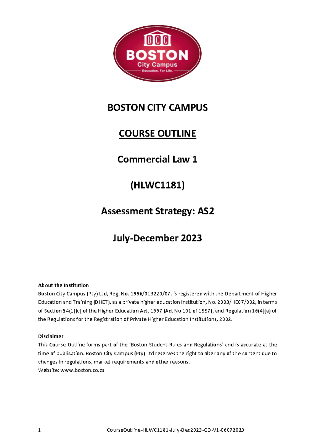 Course Outline for Commercial Law 1 (HLWC1181) - AS2 2023 - Studocu