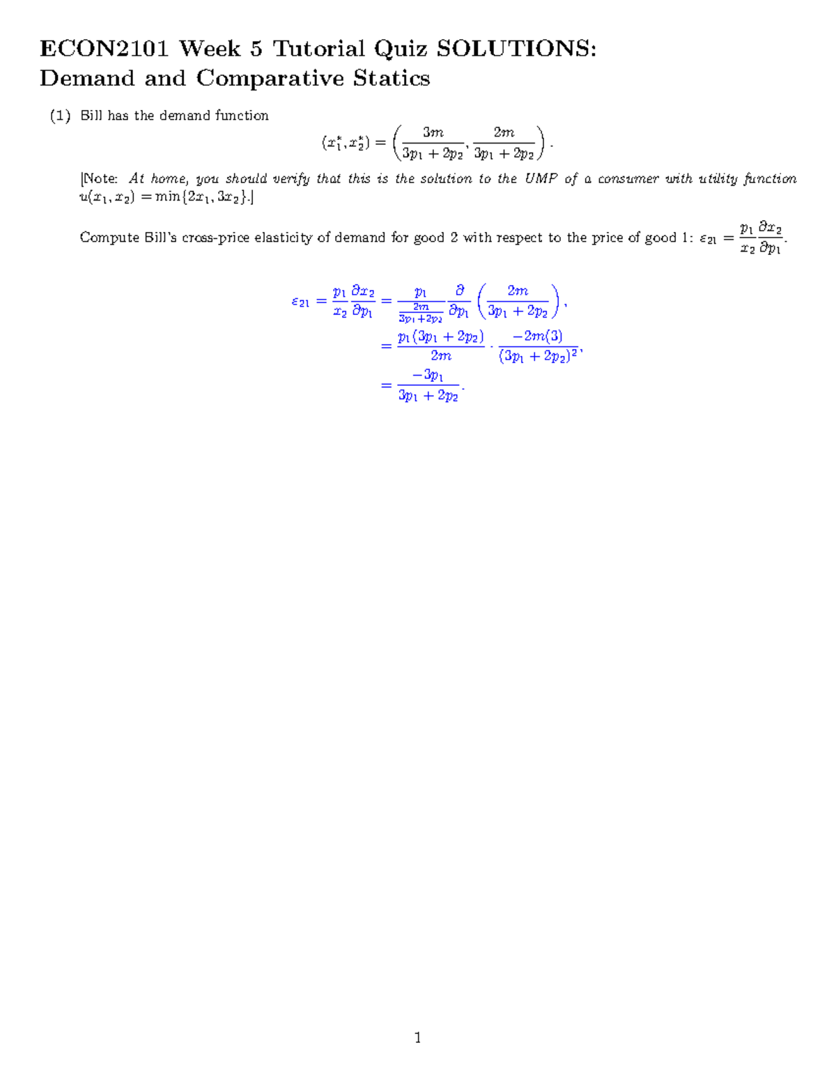 ECON2101 Week 5 Quiz Solutions: Demand & Comparative Statics - Studocu