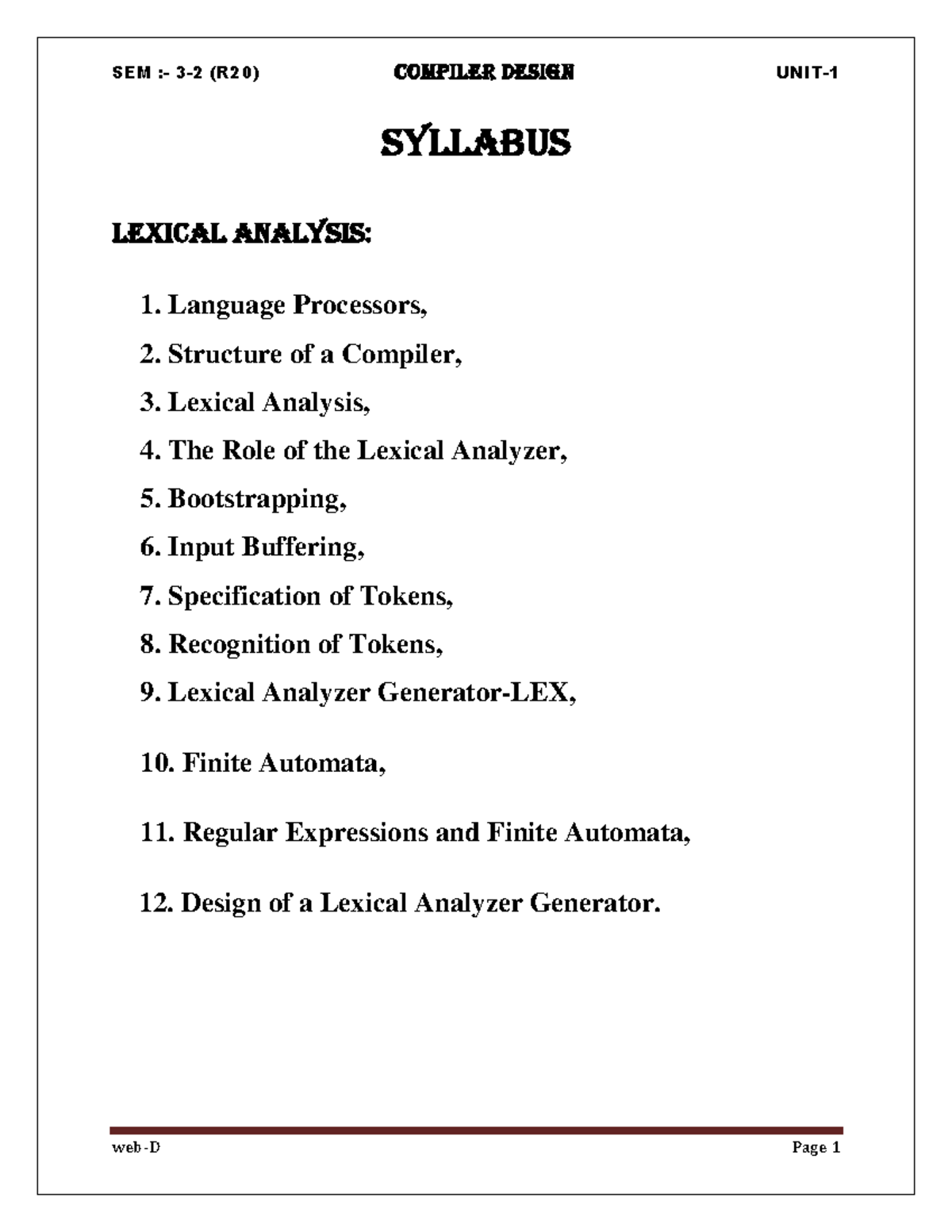 COMPILER DESIGN SEM (R20) Syllabus: Lexical & Syntax Analysis - Studocu