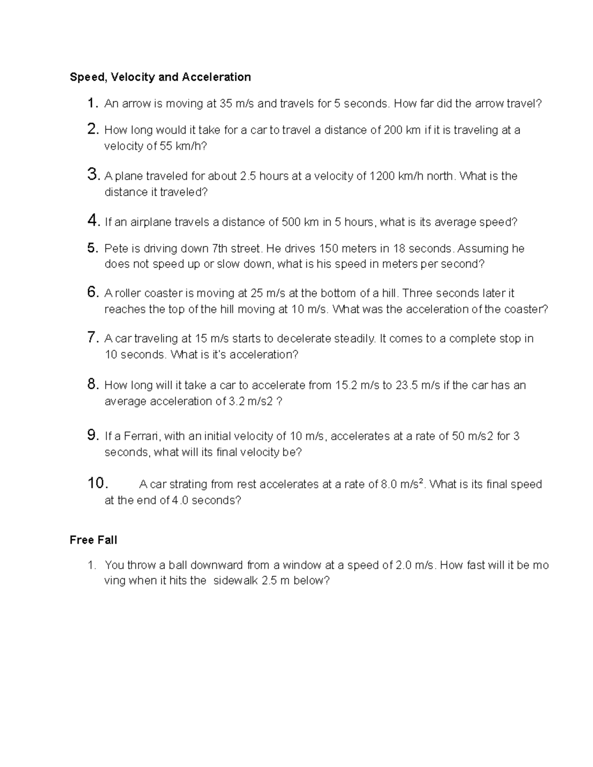 Speed, Velocity Acceleration, Freefall Proj WS - Speed, Velocity and ...
