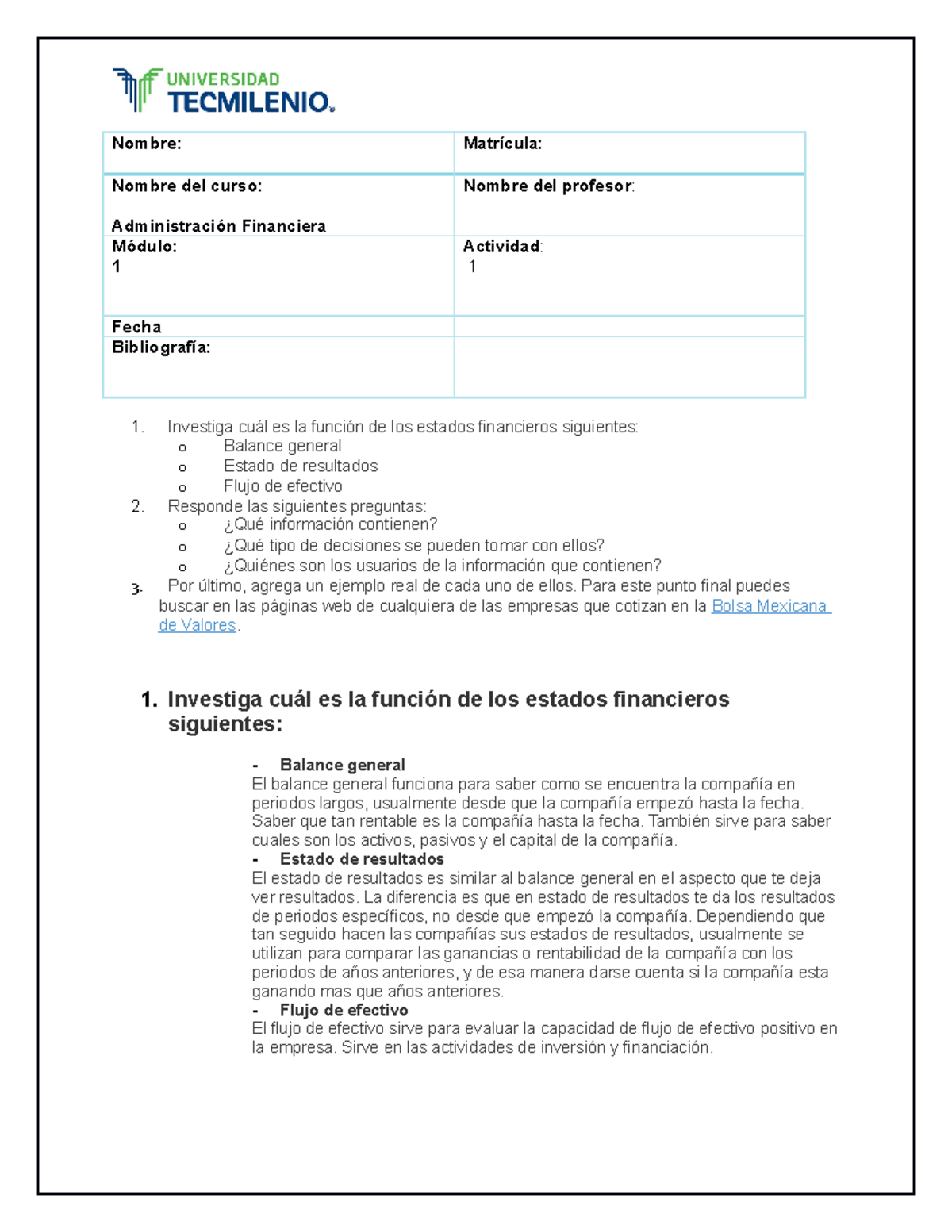 Actividad 1 Administracion Financiera - Nombre: Matrícula: Nombre del ...