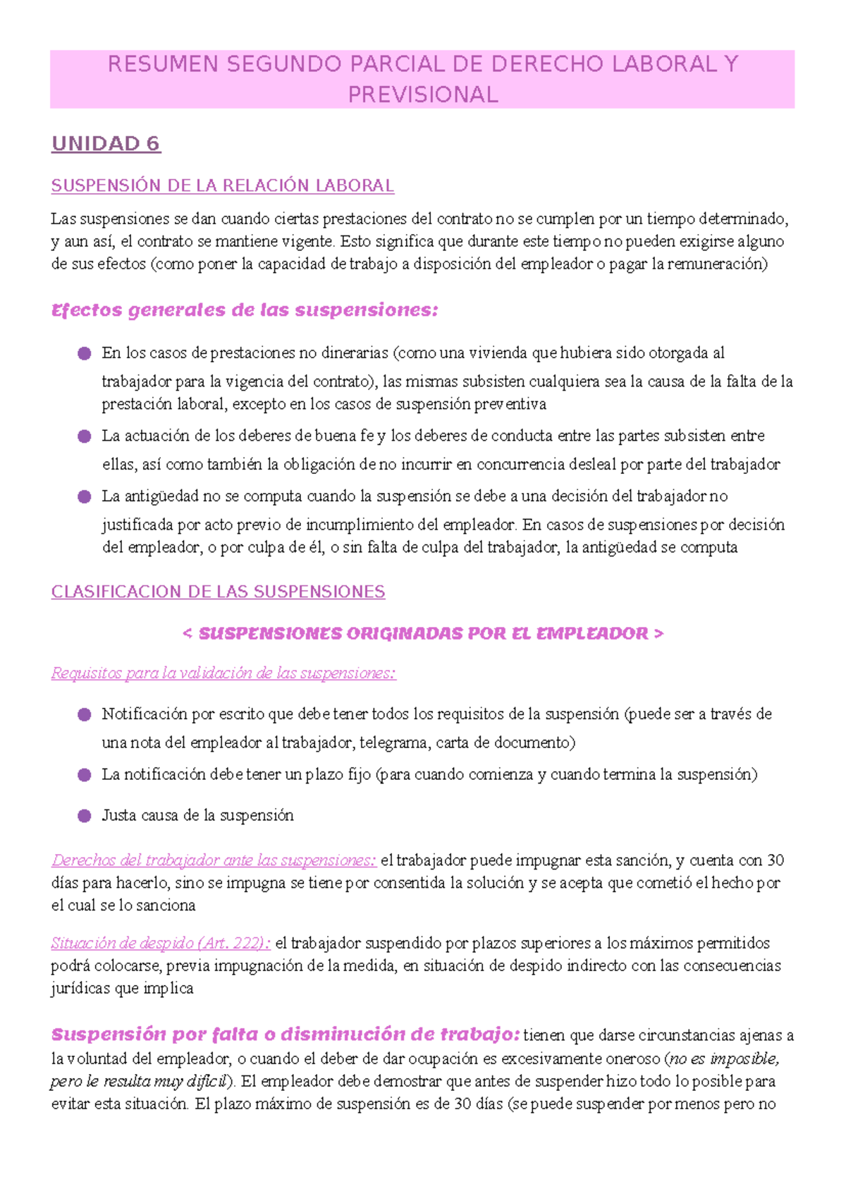 Resumen Segundo Parcial de Derecho Laboral y Previsional - Unidad 6 ...