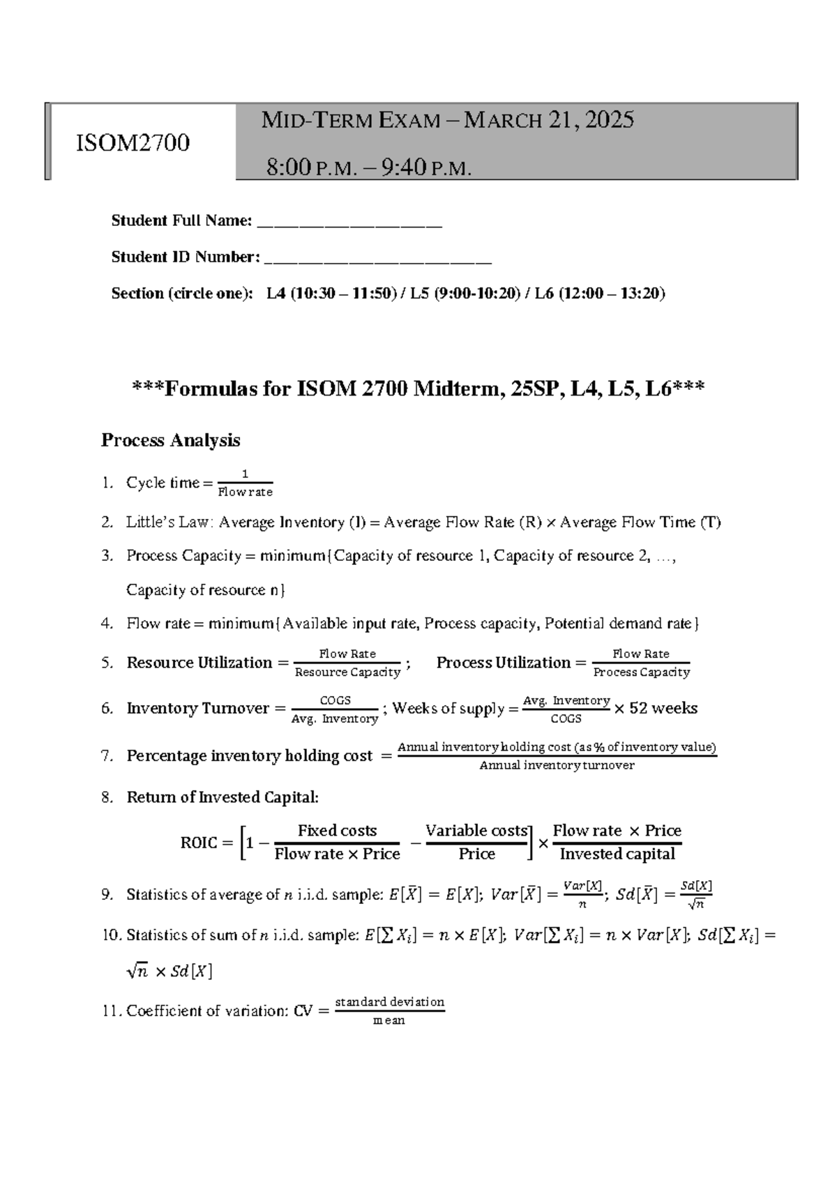 ISOM 2700 Midterm Formula Sheet: Key Concepts & Formulas - Studocu