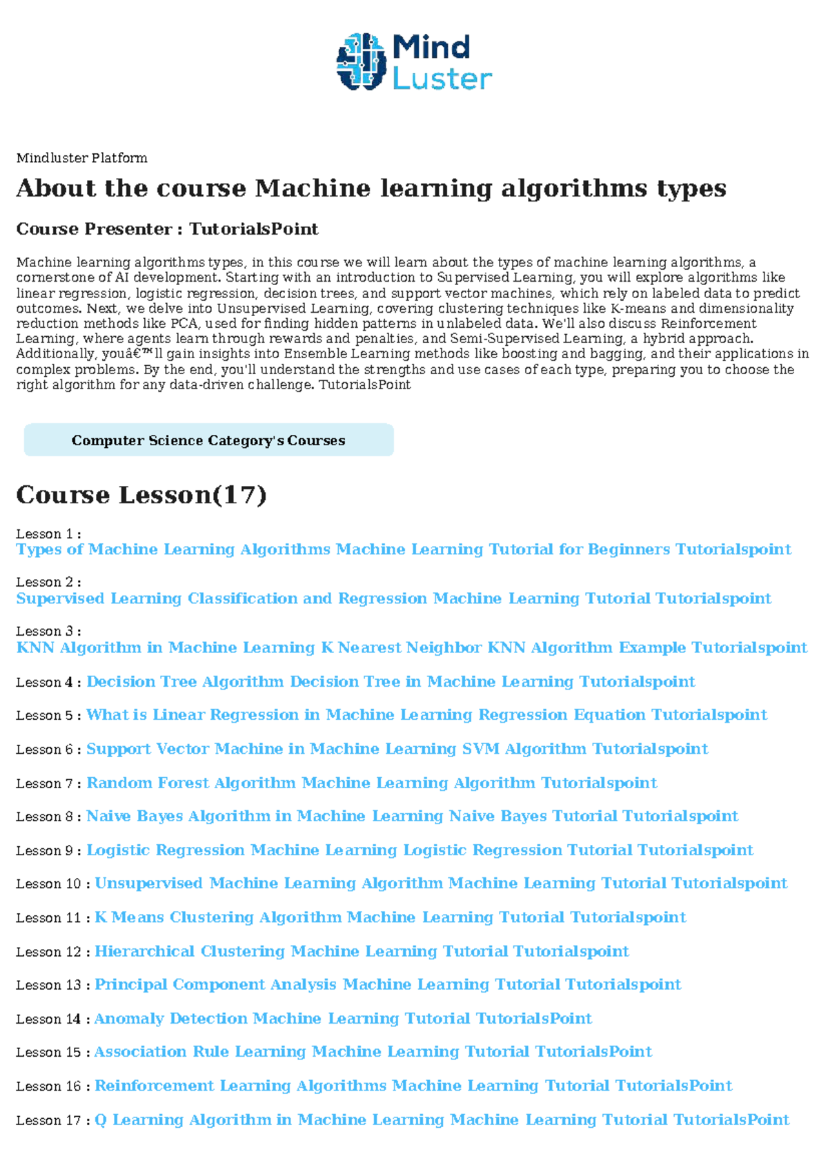 Machine learning algorithms types Course Content - Mindluster Platform ...