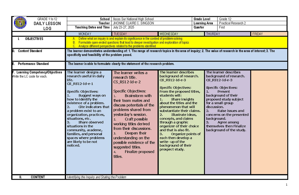 Q1 - W2 - EAPP - Daily Lesson Log for Grade 12 Humanities - Studocu