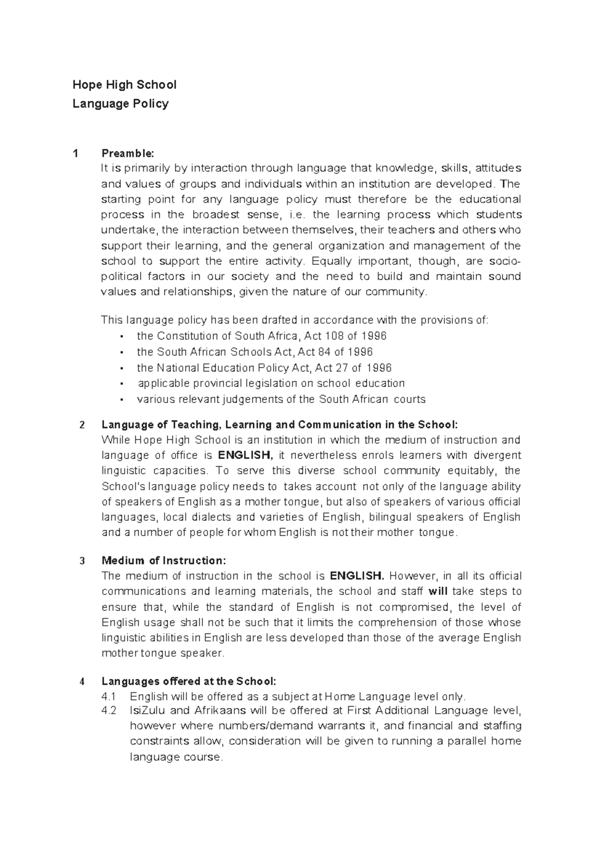 Hope High School Language Policy Overview and Guidelines - Studocu