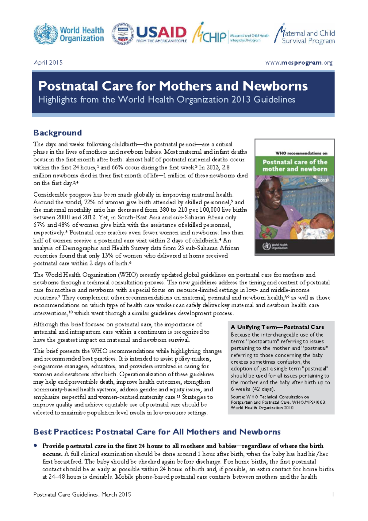 Brief on Postnatal Care for Mothers & Newborns: WHO 2013 Guidelines ...