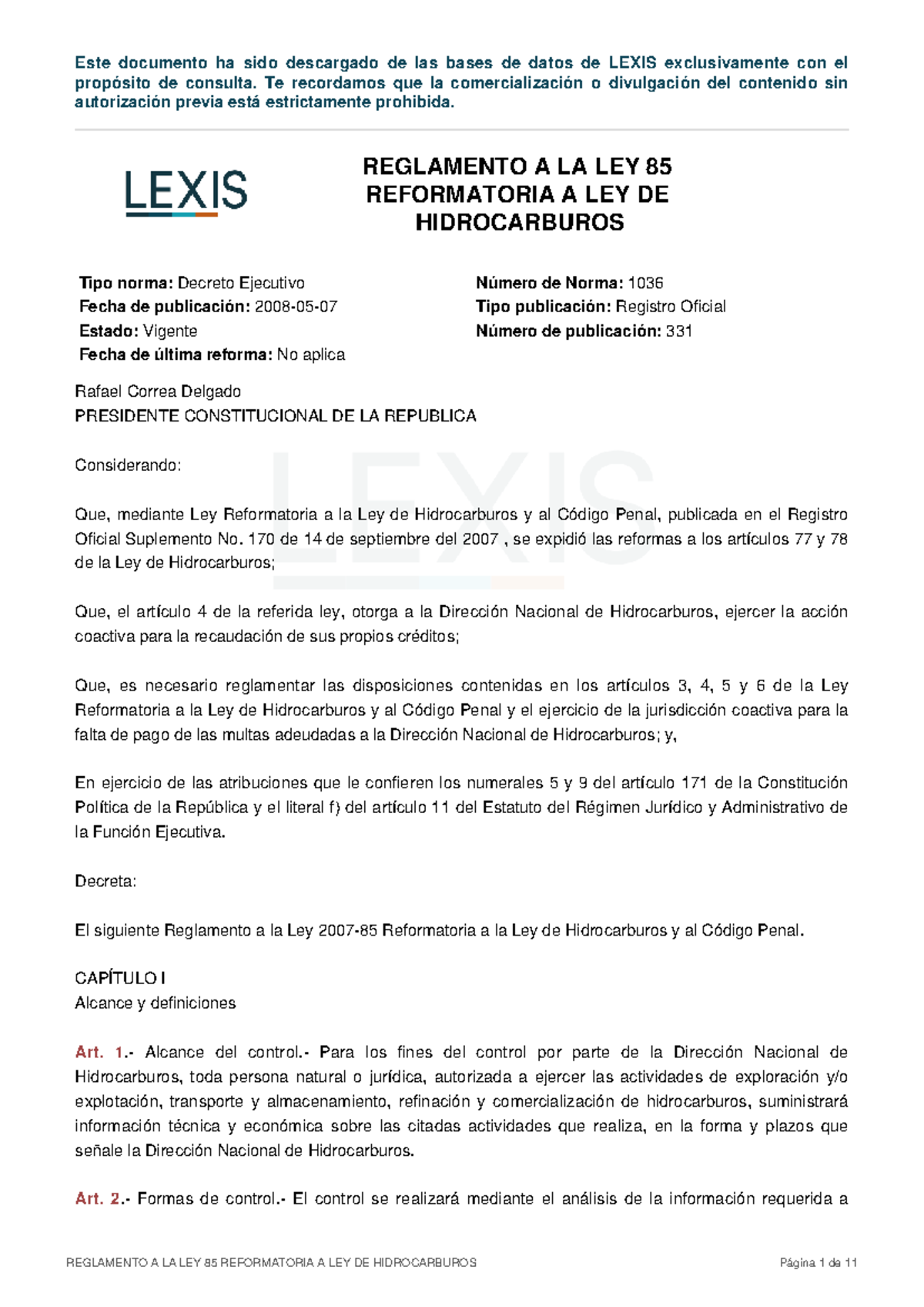 Reglamento a la Ley 85 Reformatoria de Hidrocarburos - Decreto 1036 ...