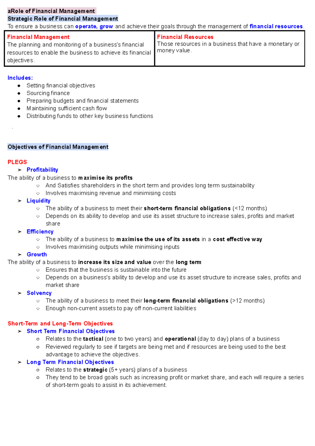 HSC Business Studies Finance Notes - aRole of Financial Management ...