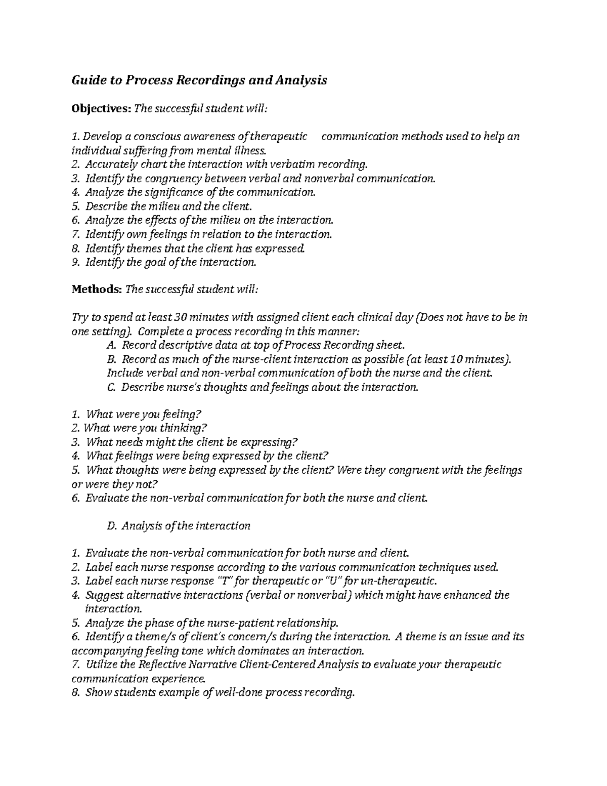 NUR 305 Process Recording & Analysis: Sample Guide for Students - Studocu