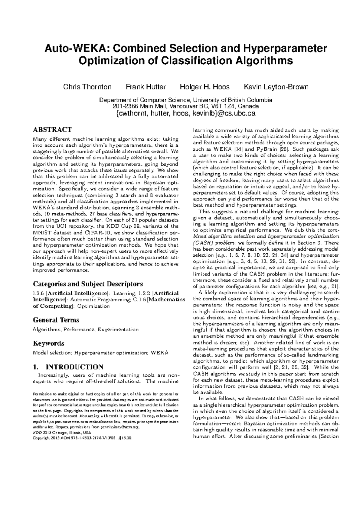 Auto-WEKA: Combined Selection & Hyperparameter Optimization of ...