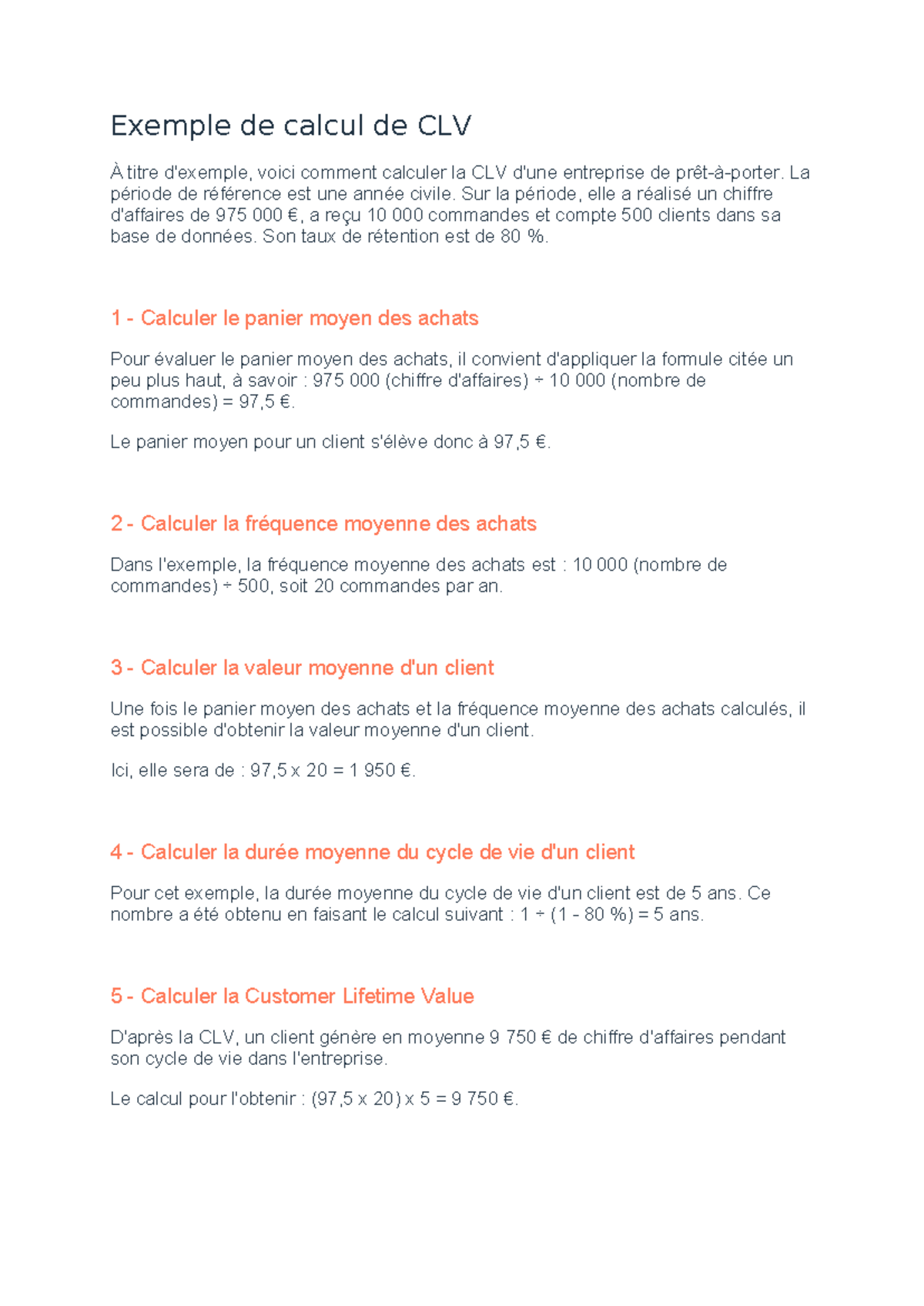 Calcul de la Customer Lifetime Value (CLV) : Exemples et Méthodes - Studocu