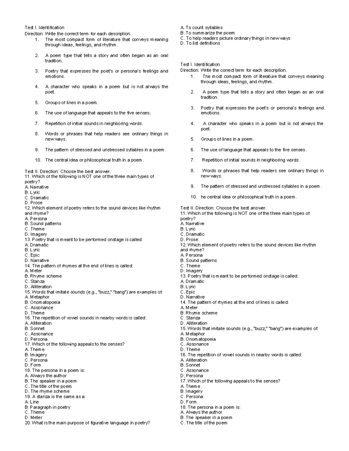 QUIZ-21ST: Poetry Identification and Analysis Test - Studocu