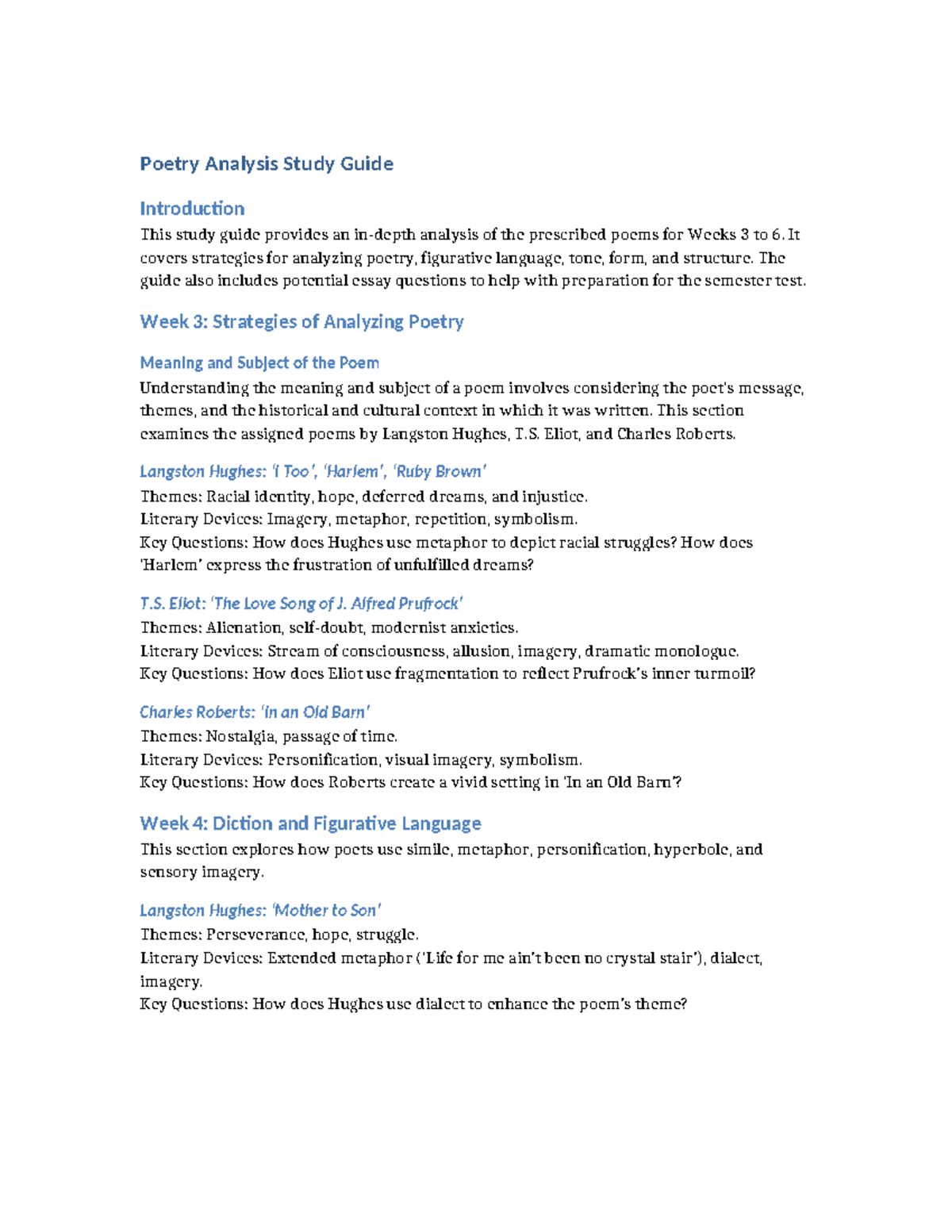 Poetry Analysis Study Guide (Weeks 3-6) for Exam Prep - Studocu