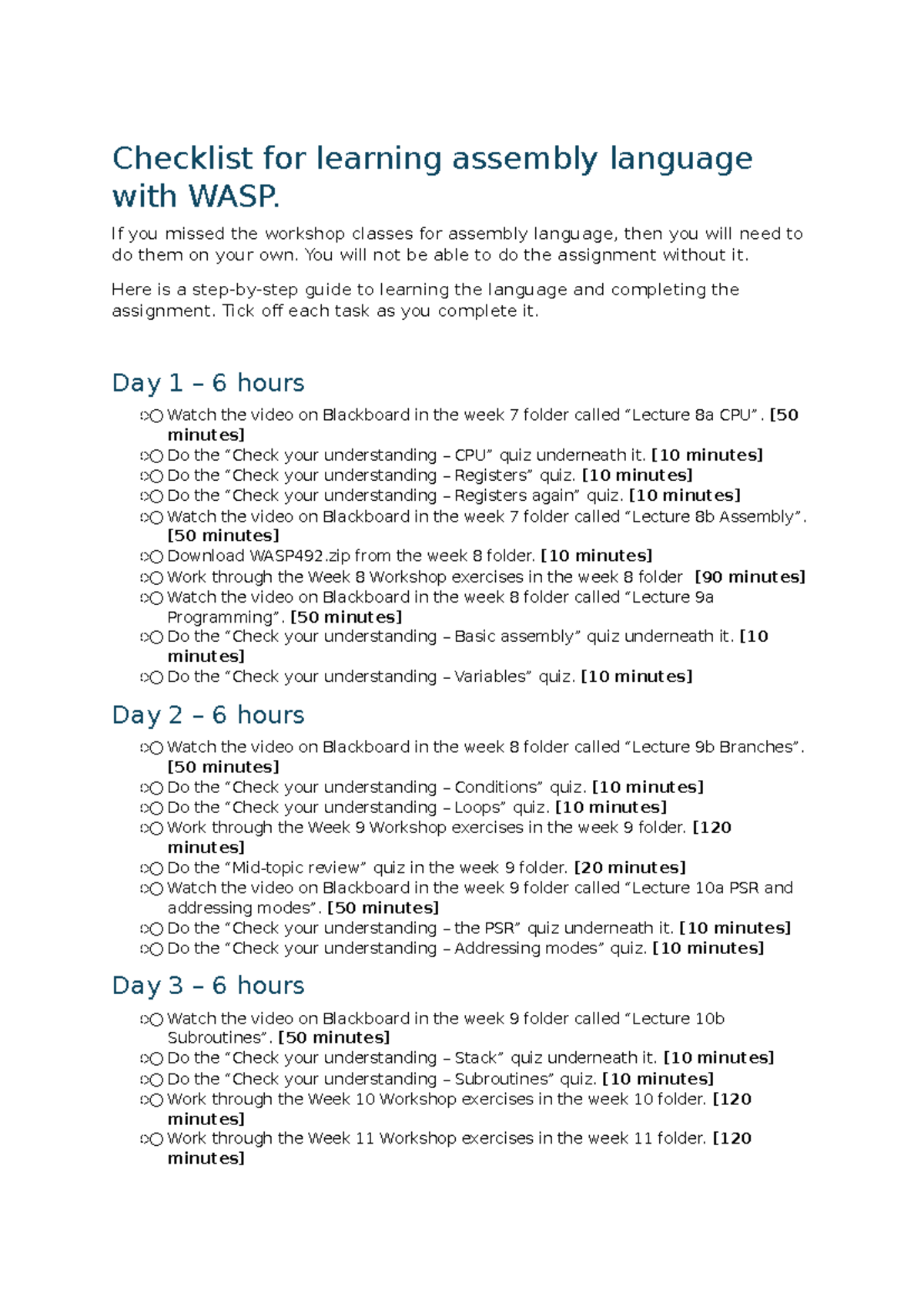 Assembly Language Learning Checklist for WASP Course - Studocu