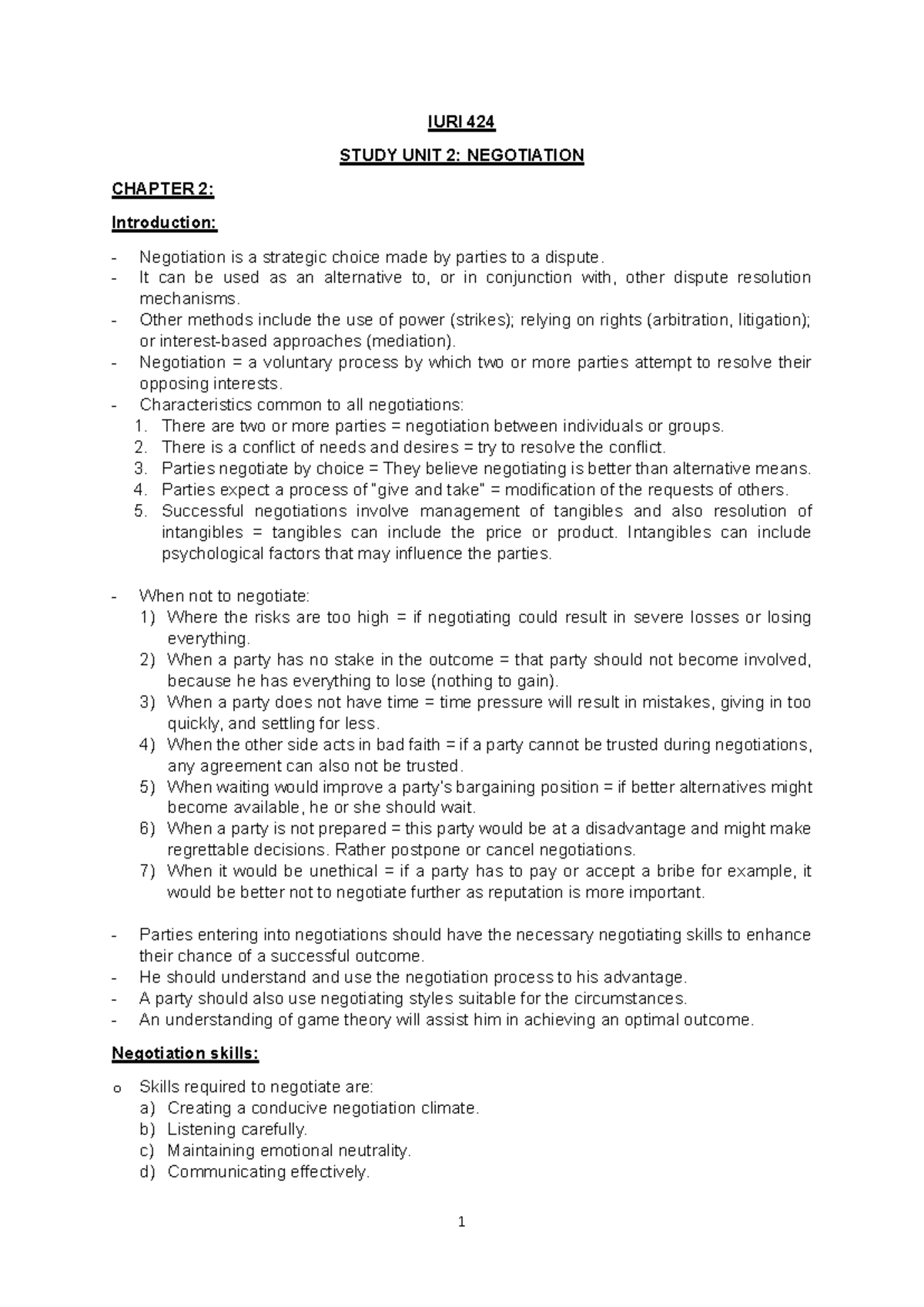 IURI 424 Study Unit 2: Negotiation Strategies and Skills - Studocu