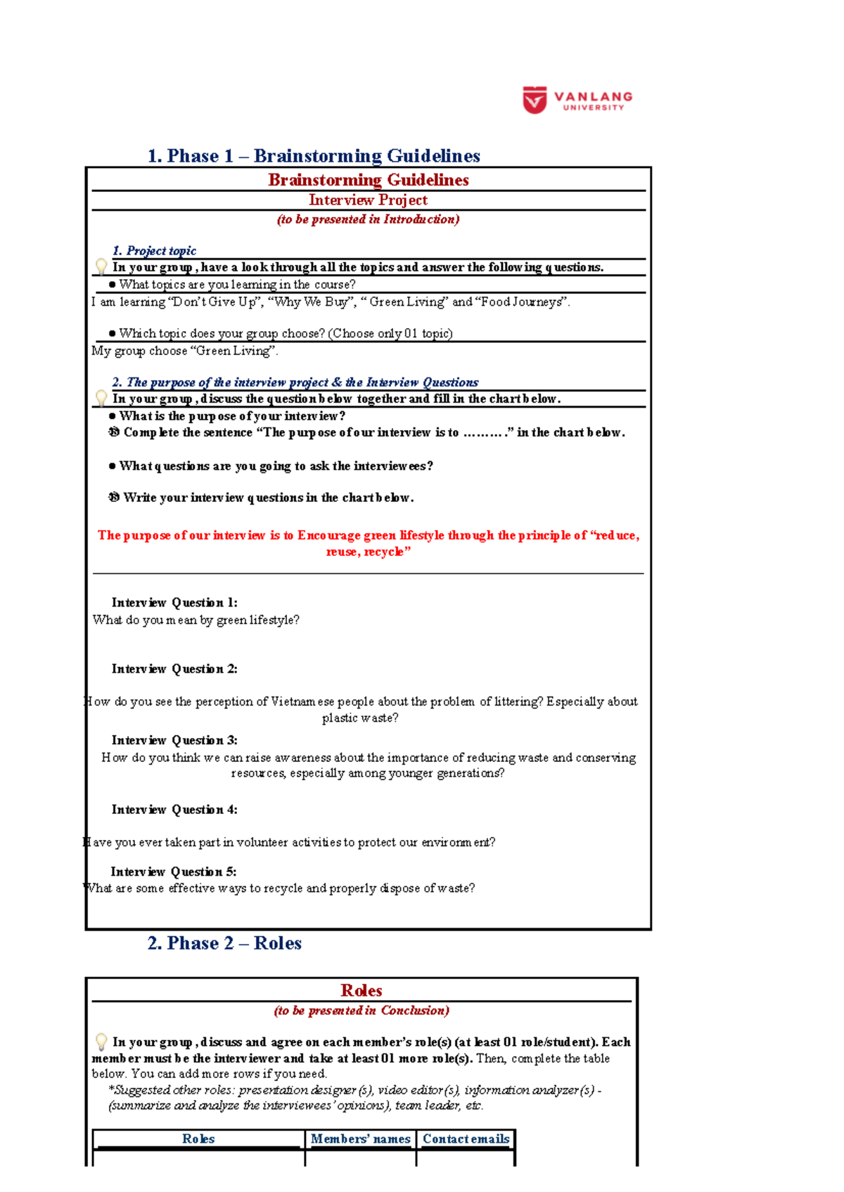 Interview Project Guidelines: Phase 1 Brainstorming & Roles - Studocu
