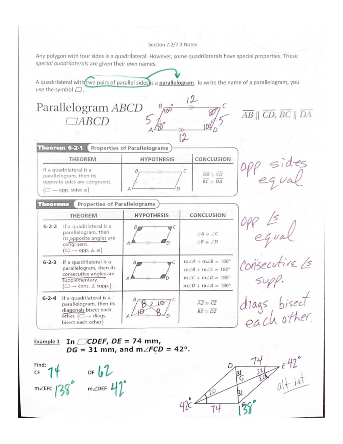 Filled in Notes 7.2: Properties of Quadrilaterals and Parallelograms ...