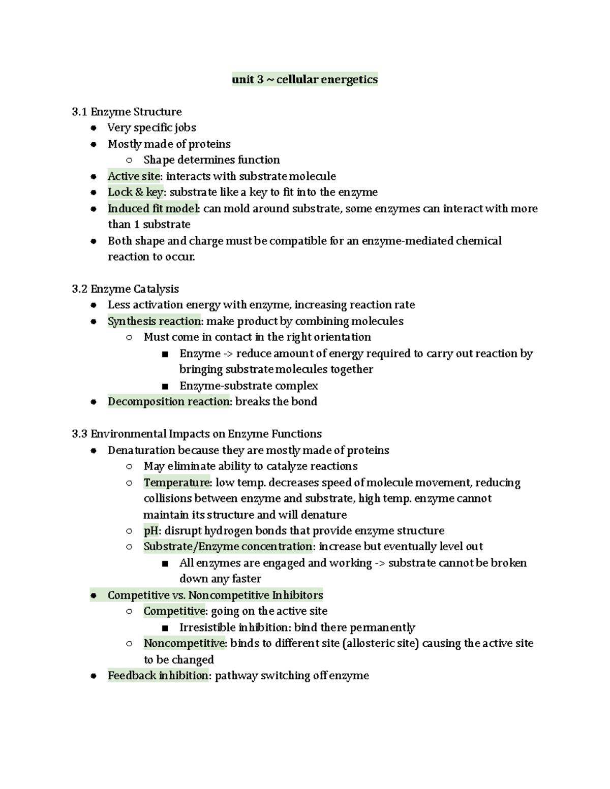 Unit 3 cellular energetics - unit 3 ~ cellular energetics 3 Enzyme ...