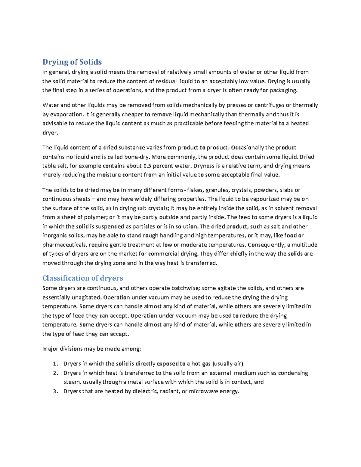 Drying of Solids - Lecture Notes on Mechanisms and Equipment - Studocu