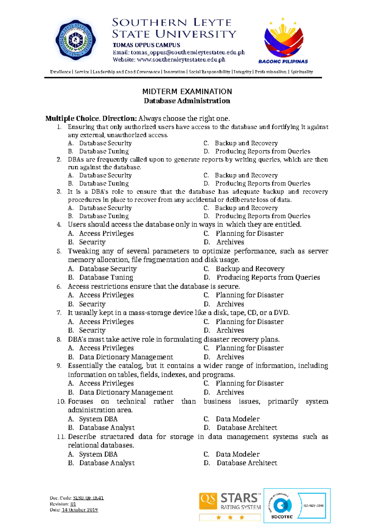 Midterm Examination - Multiple choice, identification type and ...