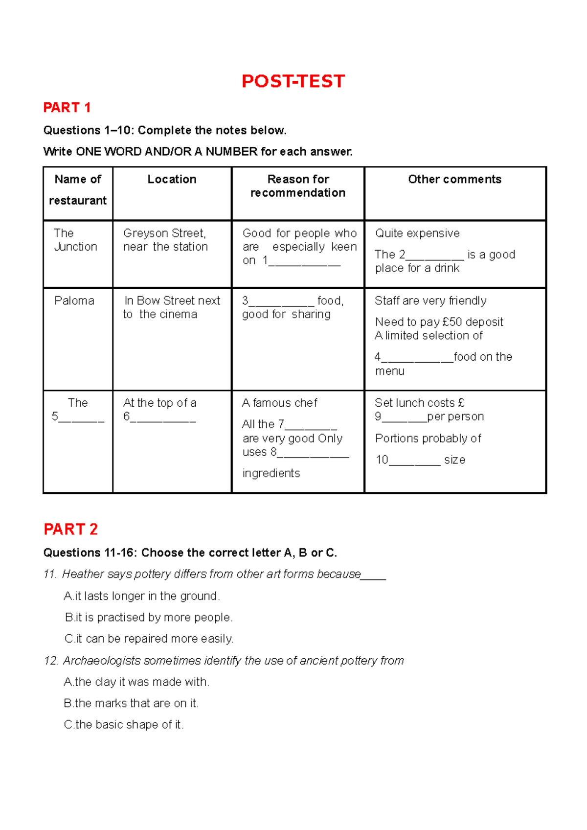 POST-TEST - Listening Comprehension Questions and Notes - Studocu