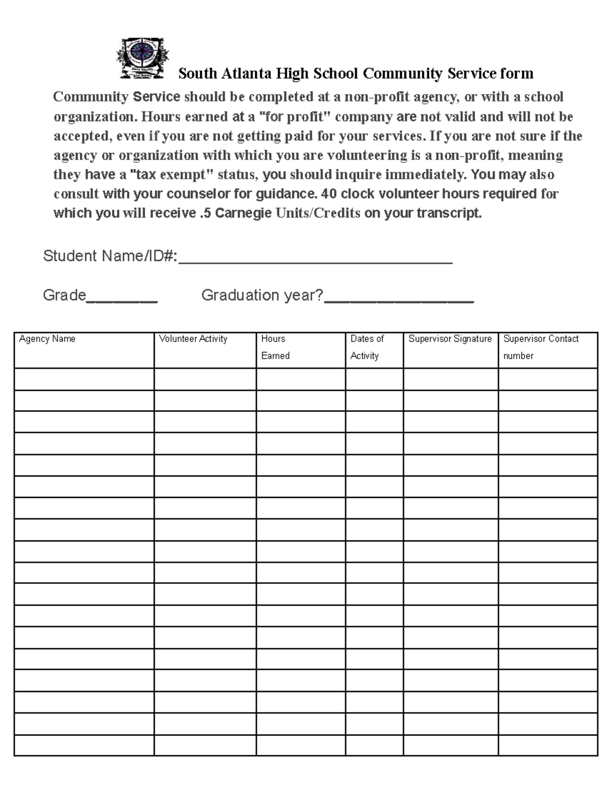 South Atlanta High School Community Service Tracking Form - Studocu
