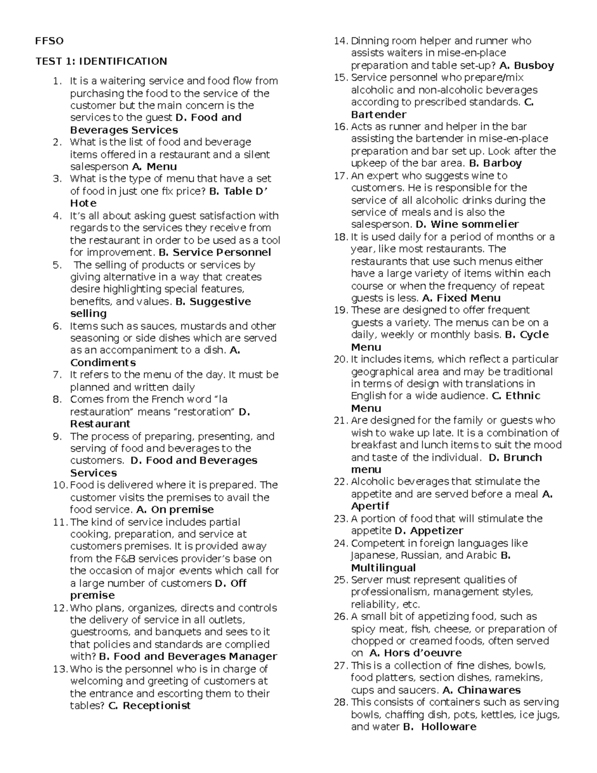 FFSO ( Original) - Reviewer ffso - FFSO TEST 1: IDENTIFICATION It is a ...