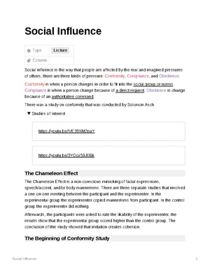 Social Influence - Study Notes & Assignments - Studocu