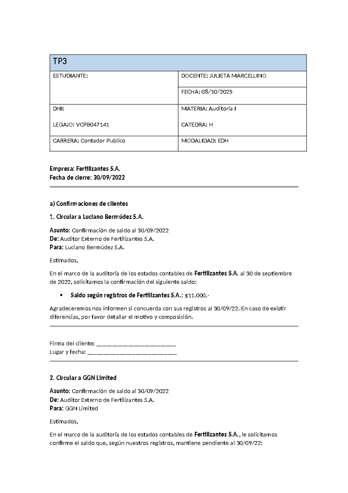 TP3 Auditoría I - Confirmaciones de Clientes en Fertilizantes S.A. - Document Preview
