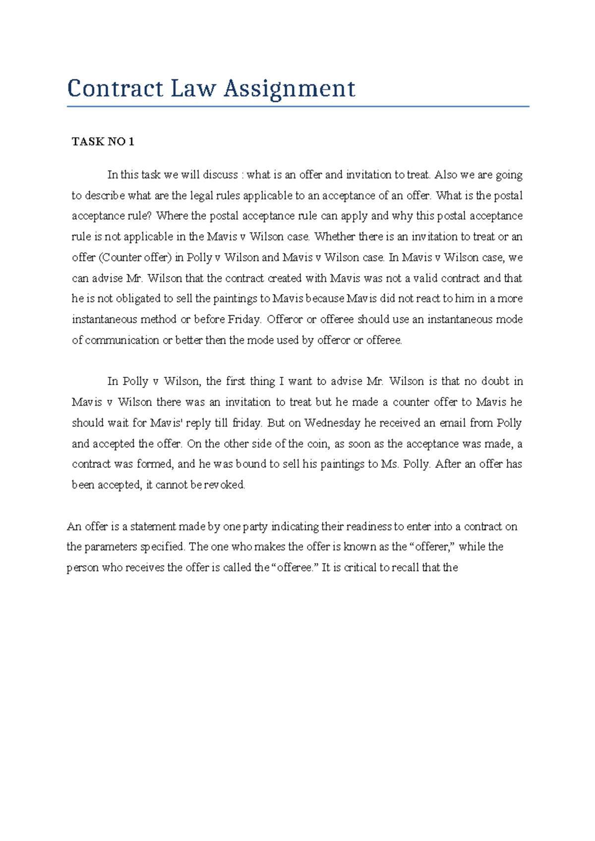Contract Law Assignment: Offers, Acceptances, and Key Cases - Studocu