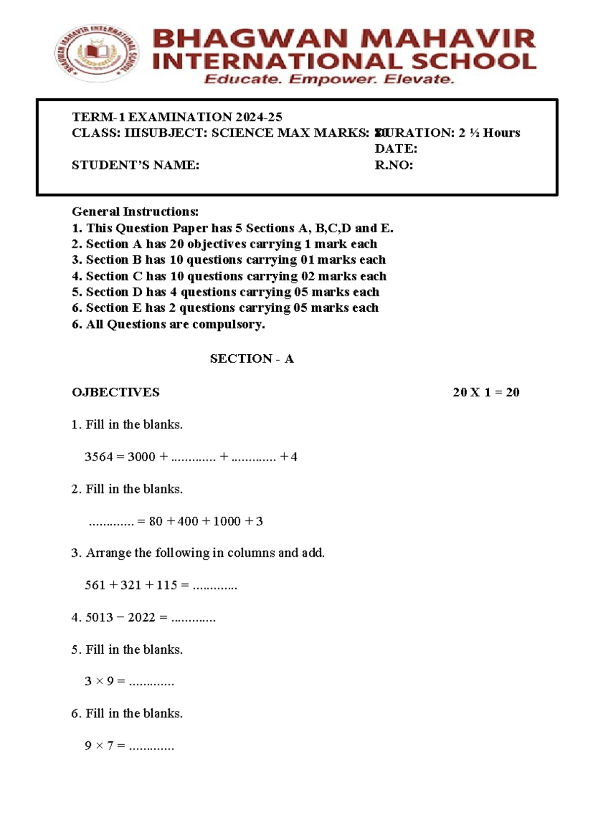 3rd midterm paper - About 3rd maths - TERM-1 EXAMINATION 2024- CLASS ...