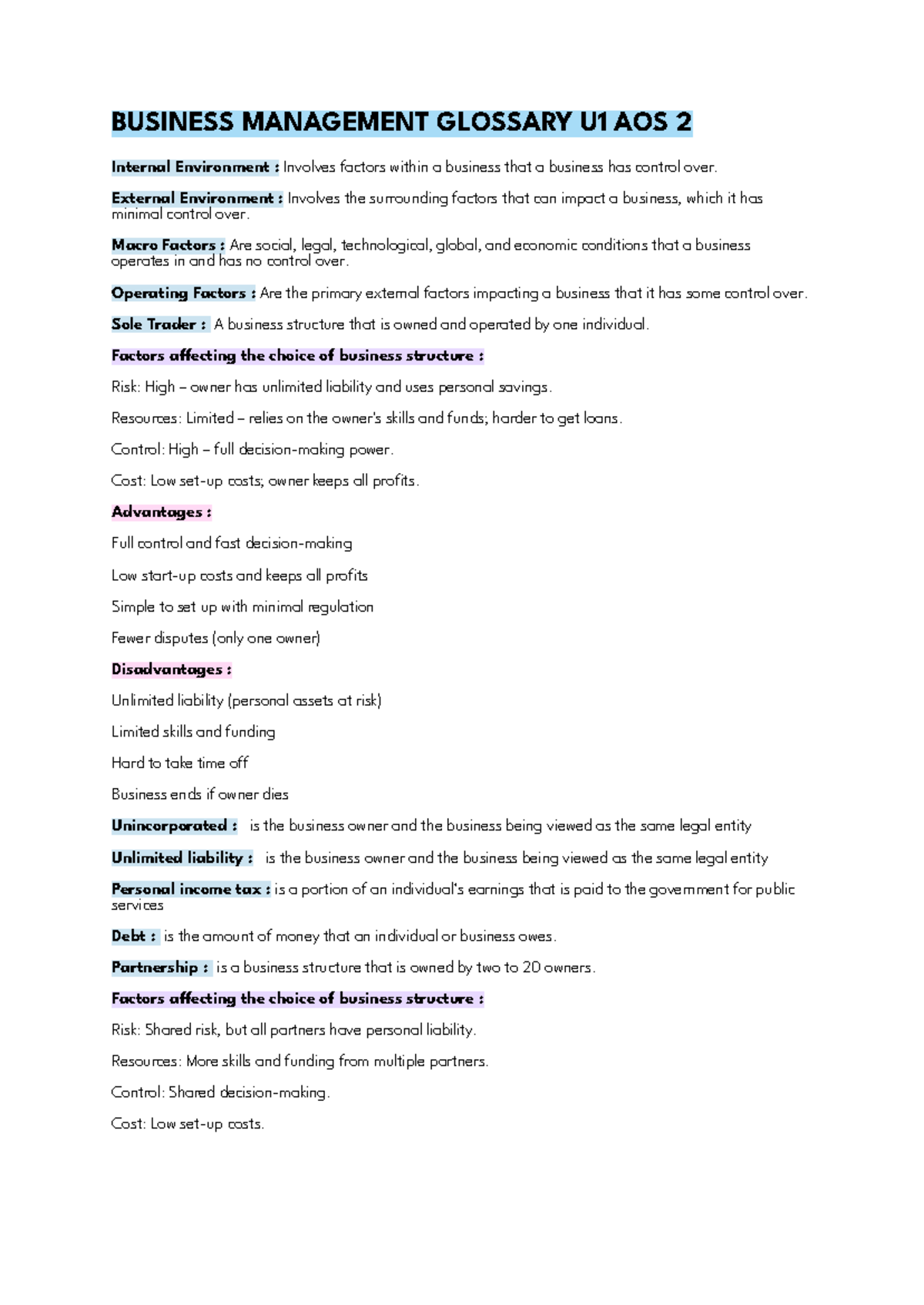 AOS 2 Business Management Glossary: Key Terms and Concepts Explained ...
