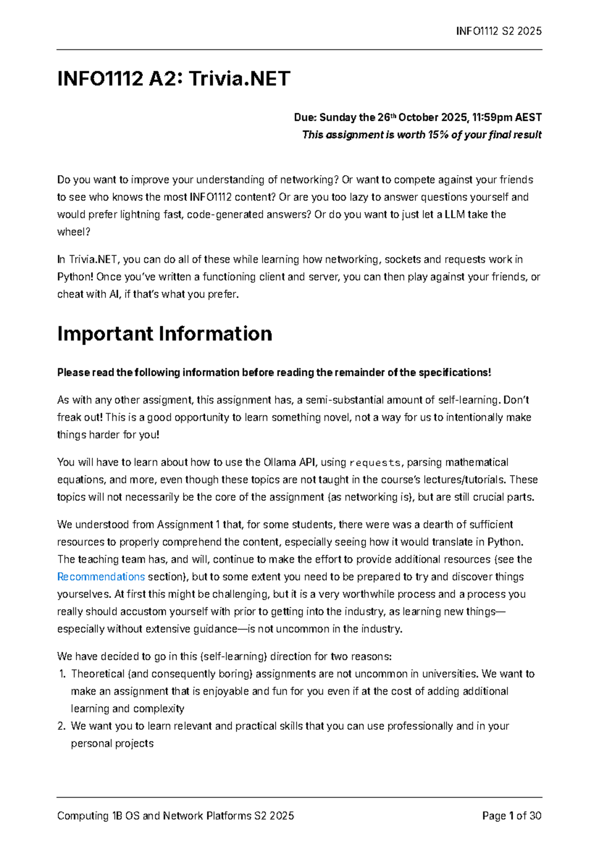 INFO1112 A2: Trivia.NET Assignment Overview and Guidelines - Studocu