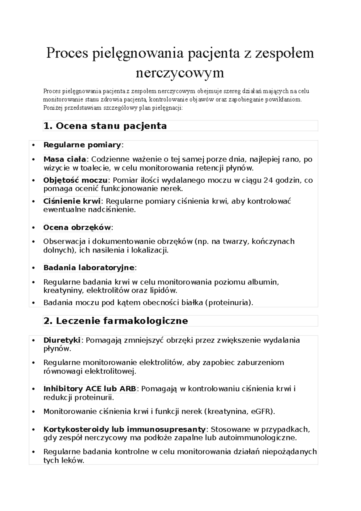 Proces pielęgnowania pacjenta z zespołem nerczycowym - szczegółowy plan