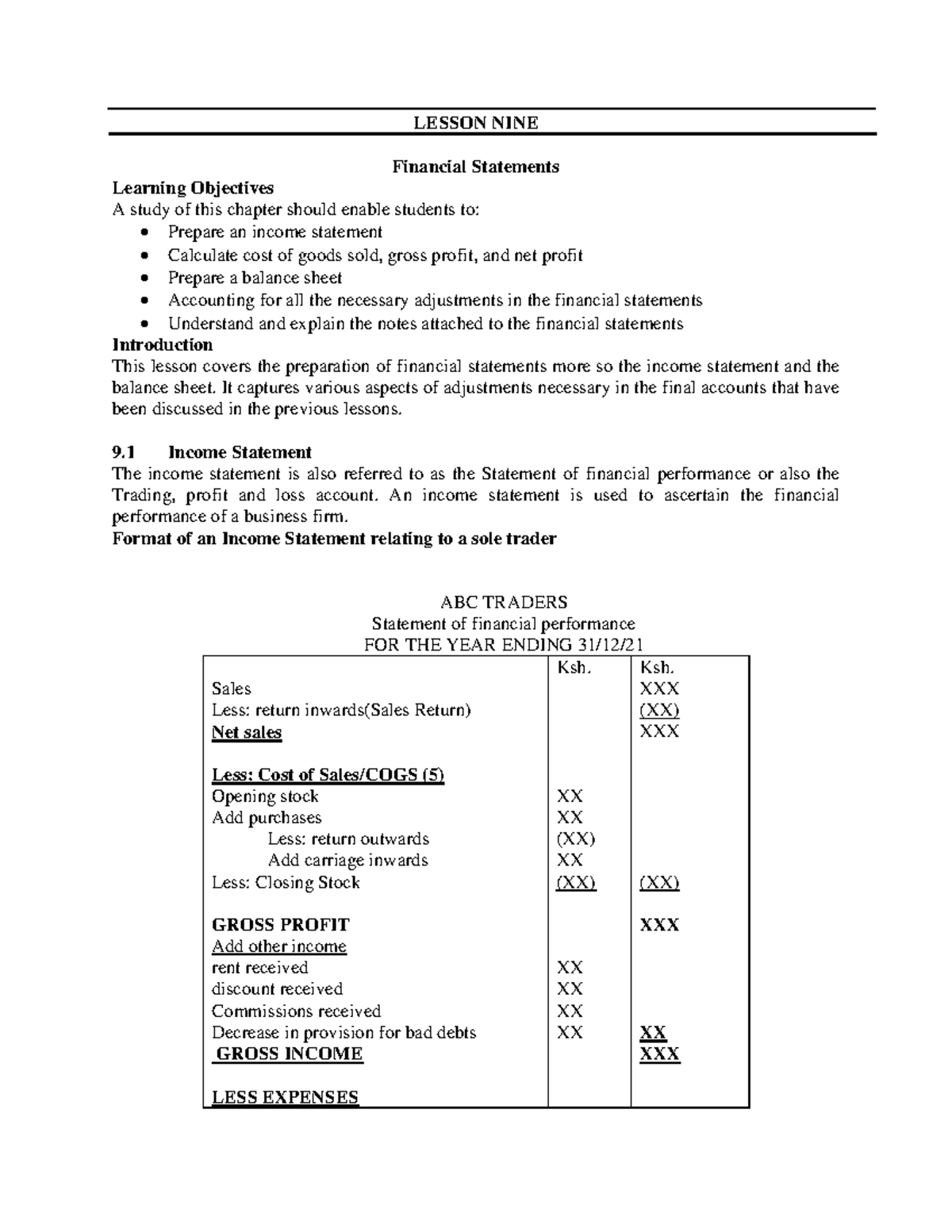 LESSON NINE: Financial Statements Preparation and Analysis - Studocu