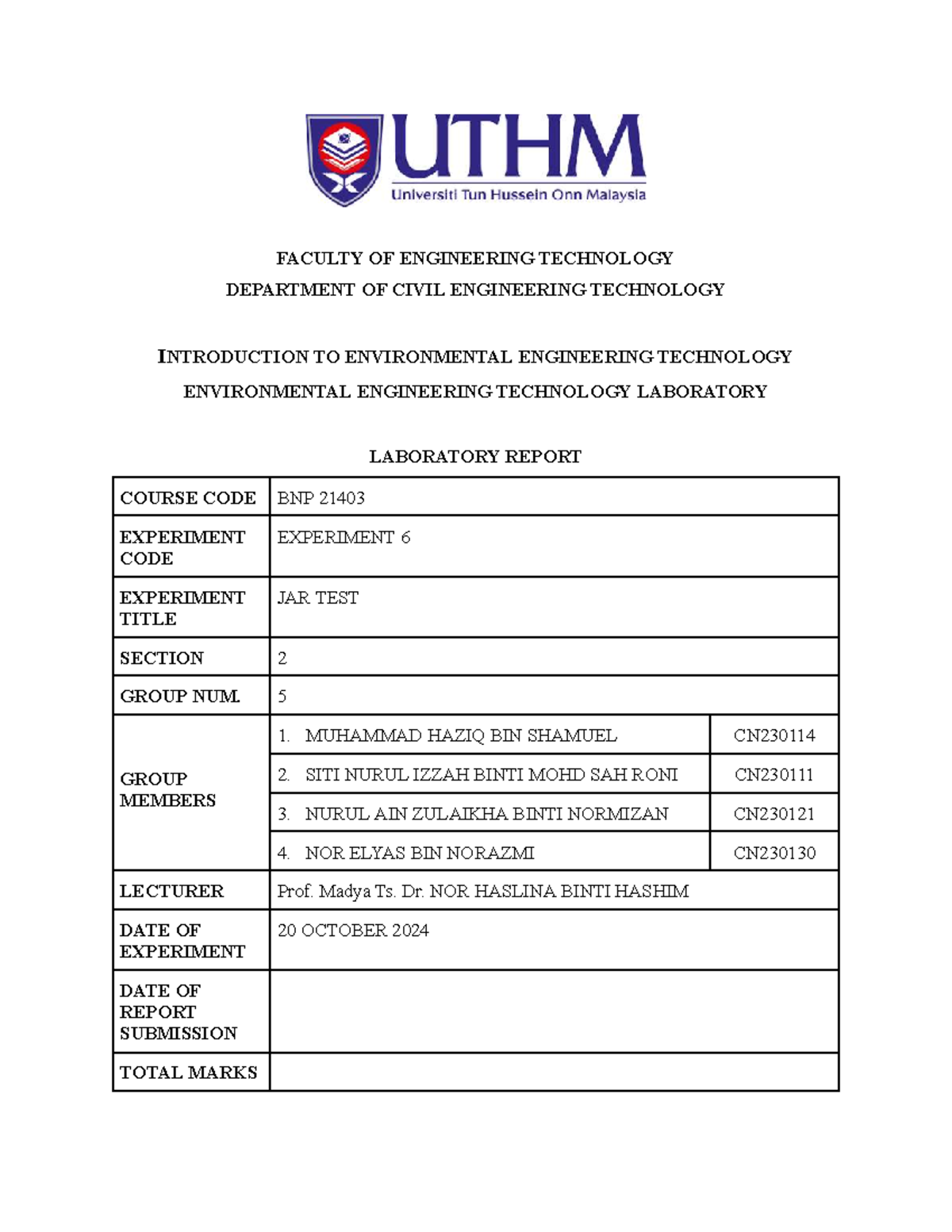 BNP 21403 Jar Test Lab Report: Coagulant Effects on Turbidity - Studocu