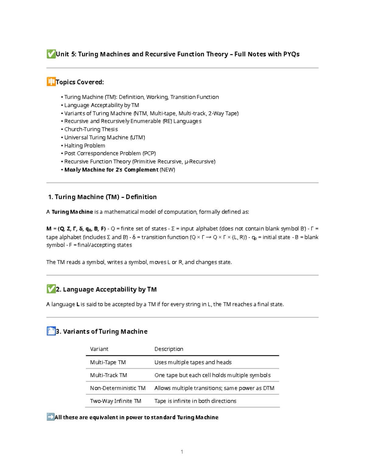Unit 5: Turing Machines & Recursive Function Theory Notes with PYQs ...